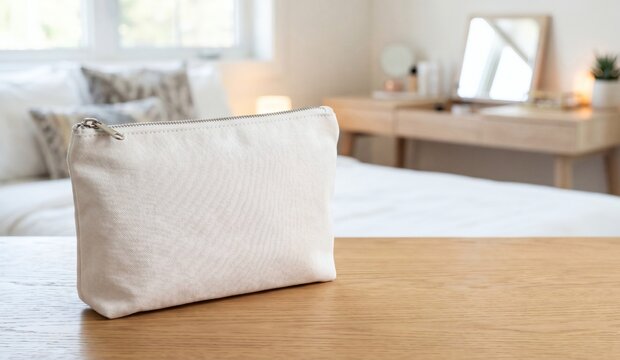 Blank white canvas cosmetic zipper pouch mockup on a wooden table with bedroom bokeh