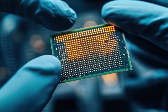 gloved hands holding an illuminated microchip with gold contacts in close-up, conveying precision and careful inspection