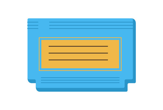 Retro vintage videogame cassette in flat style with arcade game and console. Nostalgic icon for entertainment and video themes. Blue yellow color add classic vibe for any game concept.
