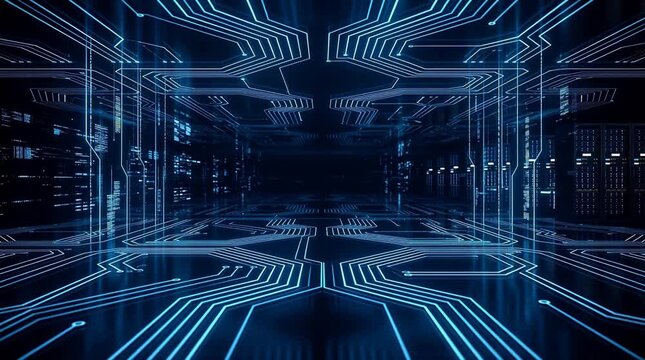 Futuristic Technological Circuit Board Tunnel with Glowing Blue Lines