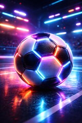 Naklejka premium Vibrant Futuristic Soccer Ball in Neon Lights on a Sports Field with Blurred Background of Spectators and Colorful Illuminations