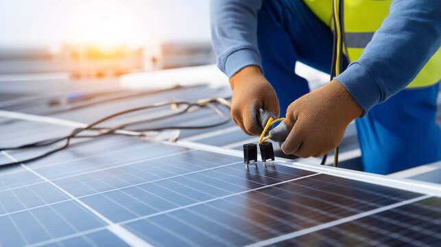 Close-up of technician hands in safety gear and gloves connecting electrical wiring on solar panel, renewable energy installation work, detailed technical outdoor photography