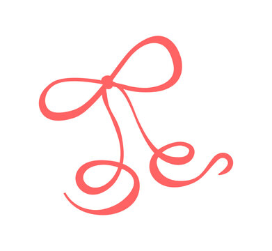 Whimsical red bow in simple line style. Cute coquette ribbon knot as romantic decor. Hand drawn wavy element suits wedding card and valentine invite, trendy girly celebration template with minimal