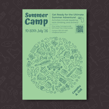 Vertical banner with green camp and adventure sketch doodle style. Picnic scene with tent and campfire, marshmallow backpack, contour graphic art. Summer outdoor concept, ideal for camp event use.