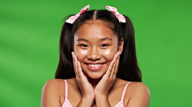 Surprised Asian girl with pigtails and pink bows, green screen background