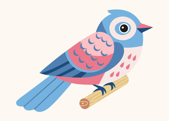 A charming illustration of a stylized blue and pink bird perched on a branch © Etika