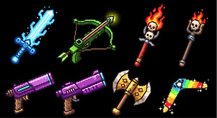 Obraz premium Fantasy RPG Game Weapons Collection Pixel Art Set Including Sword Bow and Staff