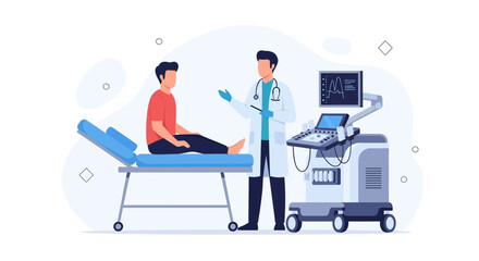 Fototapeta premium Doctor Consults Patient Near Ultrasound Machine in Medical Office