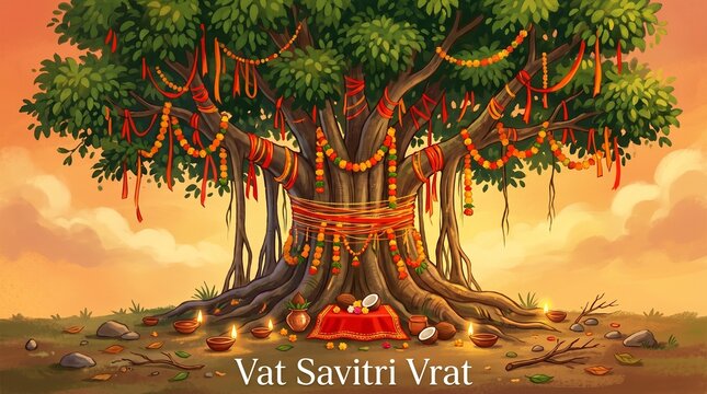 Vat Savitri Vrat: A Sacred Banyan Tree Adorned for the Auspicious Festival