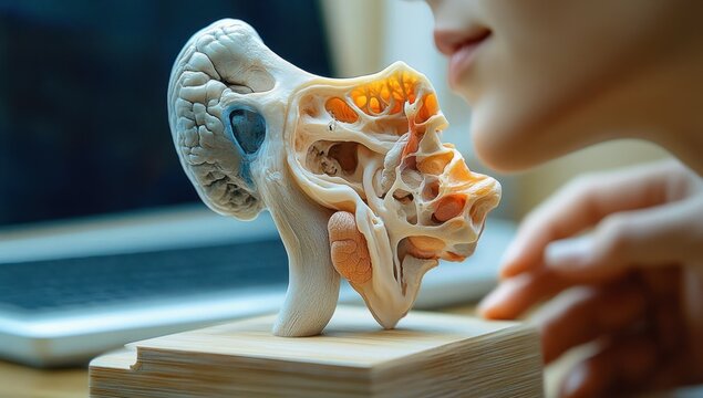 close-up anatomical cross-section model of a human head and brain with exposed sinuses and skull on a wooden stand, observed by a curious person in warm light