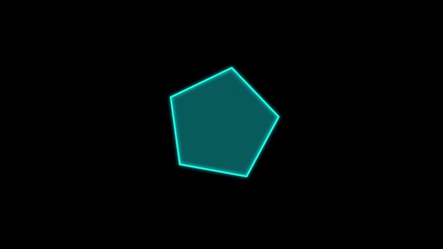 Seamless looping 2D motion graphic of a glowing cyan translucent glass pentagon polygon, dynamically animating on a solid black background.