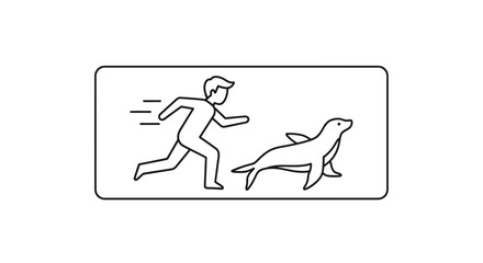 Fototapeta premium Man Chasing a Seal on a Beach, Animal Escape Concept
