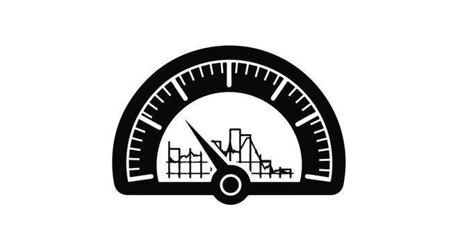 Speedometer gauge displays a needle pointing toward high levels to symbolize performance and measurement.