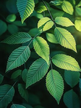 Backlit serrated green leaves on a slender branch with visible veins, soft sunlight filtering through and a calm dark blurred background