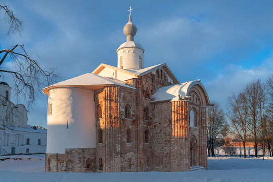 Church of St. Paraskevi (Paraskevy Pyatnitsy na Torgu) on the territory of Yaroslavovo Dvorishche on a sunny winter day, Veliky Novgorod, Russia