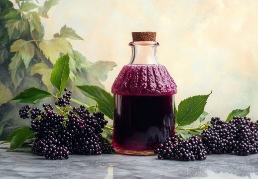 Still life of a glass bottle with cork filled with deep purple elderberry syrup surrounded by ripe elderberry clusters and green leaves on a marble tabletop, calm nostalgic mood