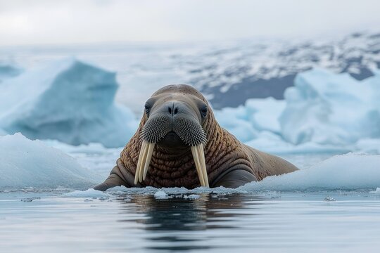 Curious walrus resting on an icy floe with long tusks and whiskered face in cold arctic water, framed by floating ice and distant glaciers, calm and majestic atmosphere
