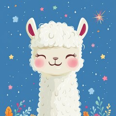 Fototapeta premium joyful fluffy white alpaca with rosy cheeks and closed eyes, long neck and pink ears against a starry blue sky with colorful stars, sparkles and whimsical foliage below