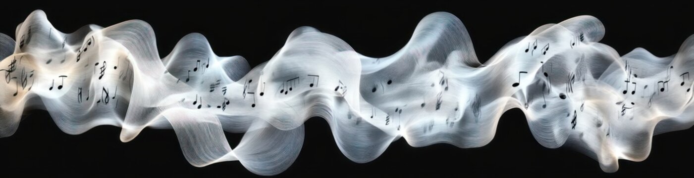 Ethereal flowing white ribbon of light threaded with scattered musical notes on a black background, conveying serene melodic motion