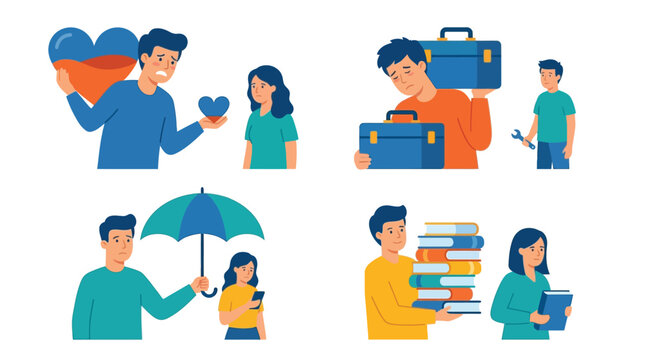 Illustrations depicting various forms of support and care in relationships, including emotional comfort, practical help, protection, and sharing knowledge.