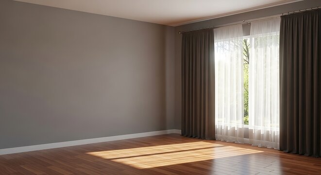 Empty room with gray wall, brown blackout and white sheer curtain in sunlight from backyard with trees on laminated parquet floor for furniture, interior design decoration background 