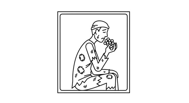 Man in ragged clothes eating grapes, symbolizing poverty and hunger