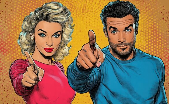 retro comic illustration of a man and a woman with blurred square faces pointing directly at the viewer against a yellow halftone background, bold and assertive