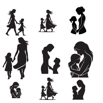 vector silhouettes of mother and daughter 