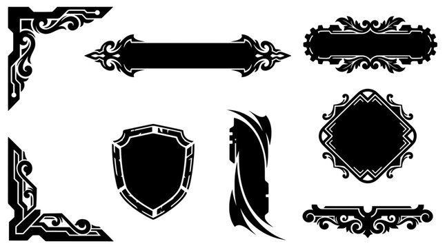 Set of black cyber gothic tribal borders, sci-fi corners, a tech shield, and futuristic UI frames for modern game interface and graphic design
