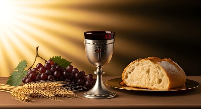 Still life with eucharistic elements a dramatic depiction of bread wine and grapes in golden light