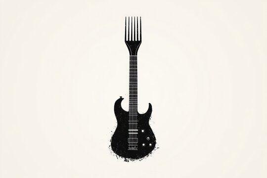 black grunge electric guitar merged with a fork head on a light background, minimalist playful and edgy music and dining mashup