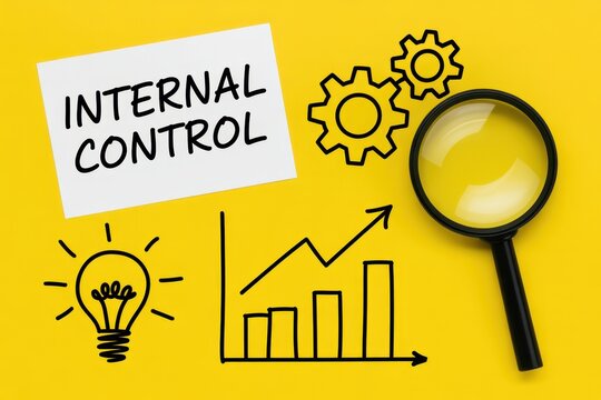 Internal Control Concept with Magnifying Glass and Business Icons on Yellow Background