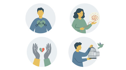 Fototapeta premium Illustrations depicting concepts of mental health, emotional freedom, therapy, support, and breaking free from burdens.