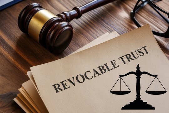 Revocable Trust Legal Document with Gavel and Scales of Justice on a Wooden Desk, representing estate planning and law.