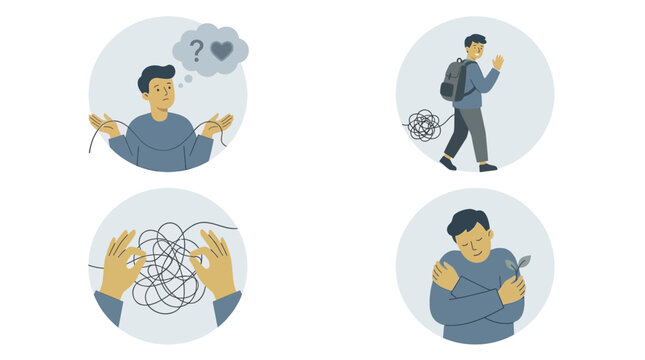 Four illustrations depicting various aspects of mental health struggles, including confusion, emotional burdens, problem-solving, and self-comfort.