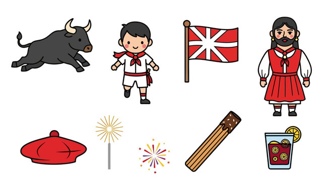 San Fermin Festival Elements: Bull, Runner, Flag, Traditional Dress, Churros, Drink