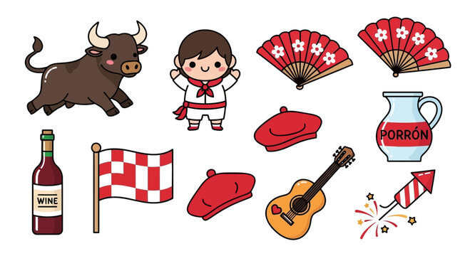 Spanish Culture Icons: Bull, Dancer, Guitar, Wine, Flag, Beret, Fan