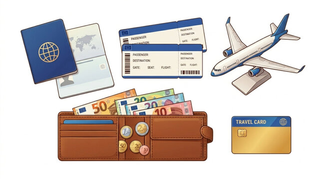 Illustration of travel documents, wallet with money, and credit card for international trip preparation