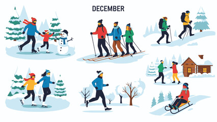 Fototapeta premium Illustration of people skiing, snowboarding, sledding and building a snowman in a snowy landscape with trees and a cabin in December