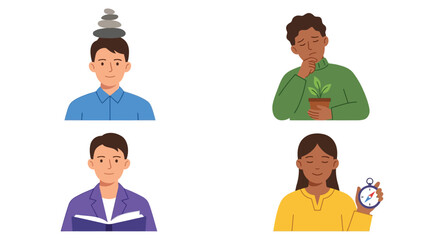 Fototapeta premium Four diverse illustrations depicting people engaged in various activities: balancing stones, nurturing a plant, reading a book, and managing time with a stopwatch and compass.