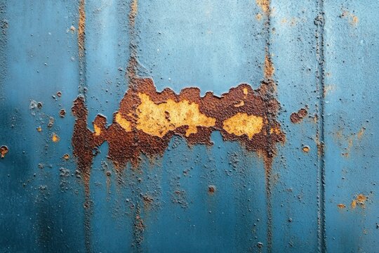weathered blue metal panel with peeling paint, orange-brown rust patches, streaks and vertical seams conveying rough industrial decay and neglected texture