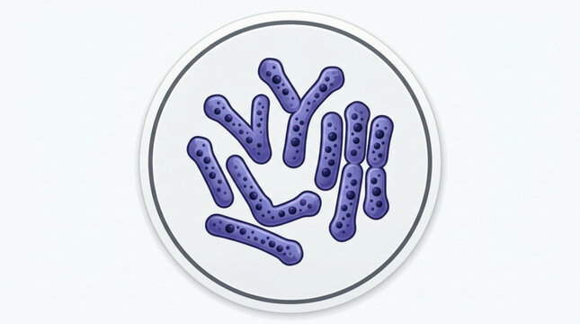 Illustration of purple bacteria cells with black spots on them arranged in a circular petri dish on a white background