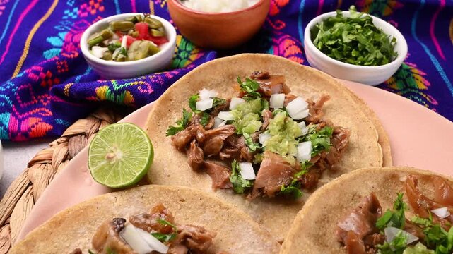 Carnitas tacos with cilantro, onion, green salsa and limes in a cozy, homey atmosphere