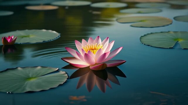 Vibrant pink water lily gracefully blooms on the calm, reflective surface of a tranquil pond, surrounded by verdant lily pads, creating a serene natural tableau