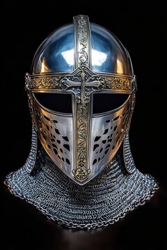 ornate polished medieval knight helmet with cross-adorned faceplate and chainmail aventail, solemn and imposing