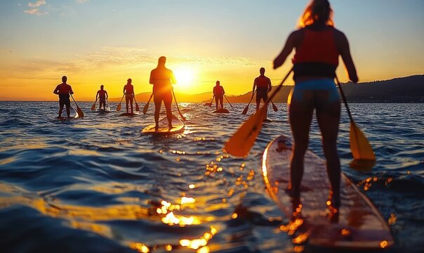 Silhouetted group of stand-up paddleboarders wearing life vests, paddling across shimmering ocean at sunset with warm golden reflections and relaxed camaraderie