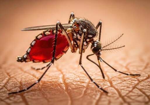 Close-up of red mosquito feeding on human skin at sunset