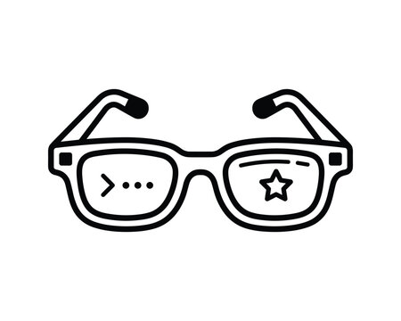 AR glasses vector icon with command prompt symbol and outline star in the lenses.