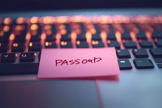 Handwritten pink sticky note reading password on a laptop keyboard with warm colorful backlighting, suggesting vulnerability and careless security
