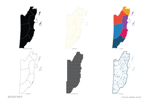 Belize map collection displays various styles: solid, outlined, colored, halftone dots, wireframe, and polymesh.